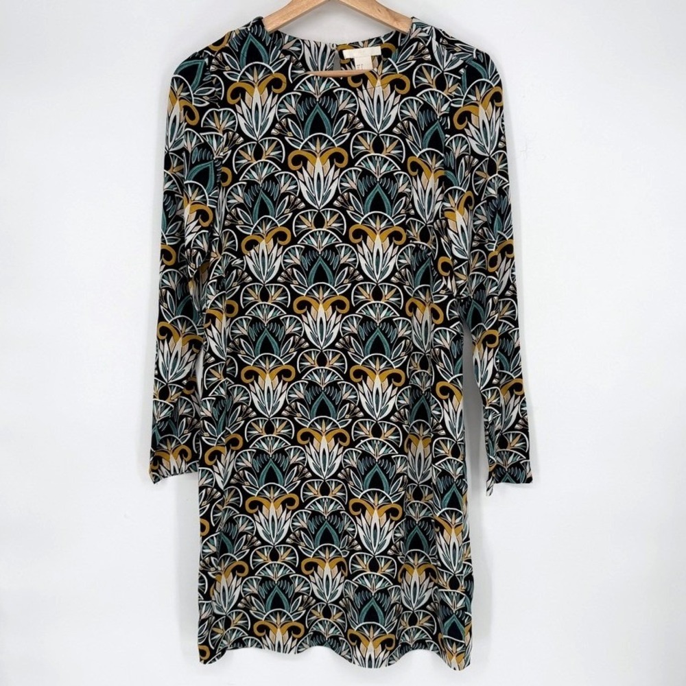 HM Women Black Teal Art Deco Geometric Print Long Sleeve Dress 4 Mod Art Deco